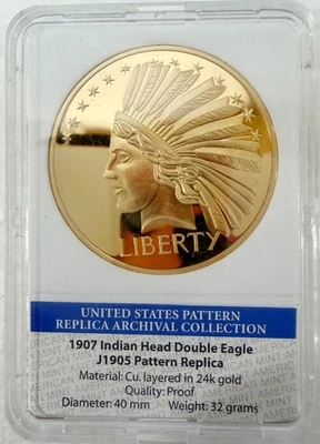 1907 年印度头像 20 美元代表,Cu. 24K分层金币精制 — 第 1/4 张图片