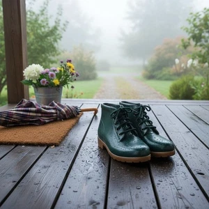 Vintage 1980s–1990s Lands’ End Women’s Rain Boots–Dark Green Rubber Lace-Up 9M - Picture 1 of 7