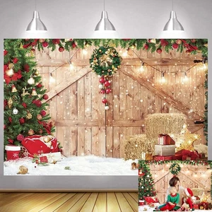 Christmas Barn Wood Door Backdrop Snow Party Xmas Tree Photo Background Banner - Picture 1 of 8