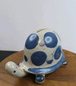 Ceramic Turtle Gray Piggy Bank Blue Polka Dots & Speckles - Picture 1 of 5