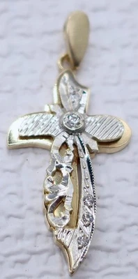 Шикарный 14K желтое белое золото крест 1,75» подвеска w драгоценных камней акценты 3,88 грамма - Изображение 1 из 4
