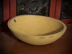 Old Large Grubby Primitive Wood Farmhouse bowl distressed Mustard paint 14"+ - Picture 1 of 22