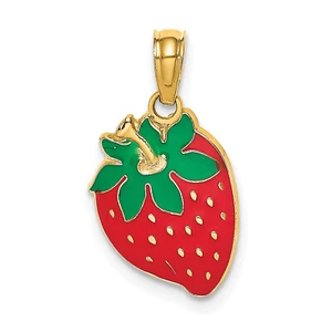 Lex & Lu 14k Yellow Gold w/Enamel 2D Strawberry with Stem and Leaf Charm - Picture 1 of 4