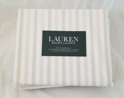 3 pc Ralph Lauren Stripe White, Pink, Taupe Twin Sheet Set NIP - Image 1 of 4
