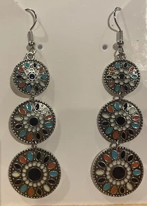 HANDMADE - Bohemian Style Coloured 3 Round Circles Layered - Drop Hook Earrings - Picture 1 of 1