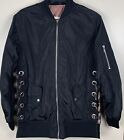 New Black Bomber Jacket Full Zip Laced Side Grommets Women’s Size Small