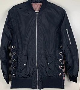 Woman’s Metal Style Black Bomber Jacket Full Zip Grommets Lace Up Sides NWT - Picture 1 of 8
