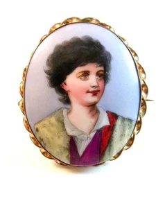 Vintage Hand Painted Porcelain Lady w/ Red Sash Brooch - Picture 1 of 3