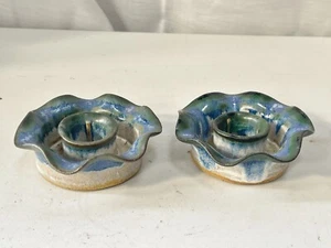 VINTAGE PAIR OF STUDIO POTTERY GREEN BLUE CANDLESTICKS CANDLE HOLDERS - Picture 1 of 9