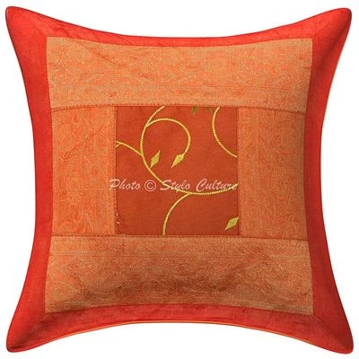 Indian Brocade Patchwork Polydupion Cushion Cover Orange 16x16 Floral Pillowcase - Image 1 of 3