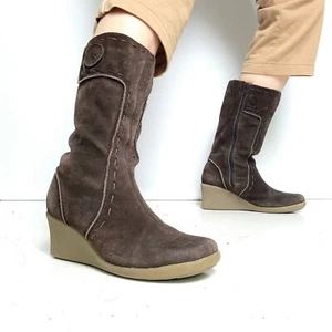 Akiel Suede Brown Boots Womens 8 Wedge Sherpa Snow Bunny Leather 90s Y2K Vintage - Picture 1 of 12