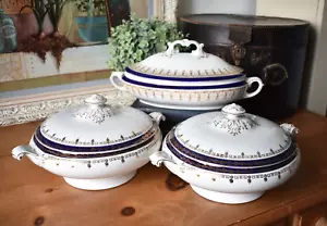 More details for vintage tureen x 3 with lids blue and white and gold porcelain (n)