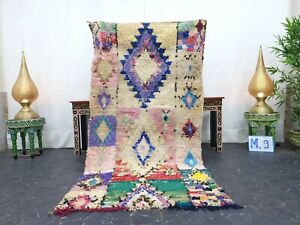 Moroccan Handmade Vintage Rug 3'7''x7' Berber Geometric Blue Pink Cotton Carpet 