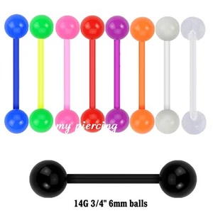 14G 3/4" Flexibler Zungenring und Nippelring Langhantel mit 6mm UV Kugeln 1 Stück - Bild 1 von 2