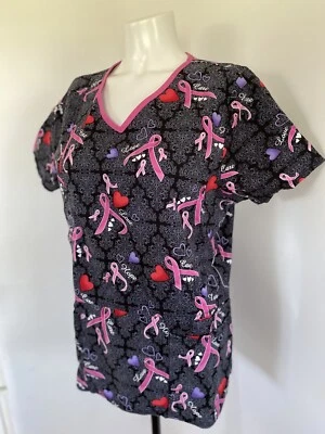 ScrubStar Pink Ribbon Scrub Top Breast Cancer Awareness Hearts Gray Women Medium - Image 1 of 4