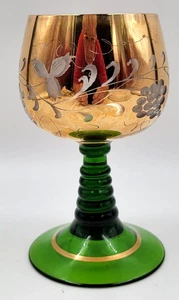 Vintage Bohemian Green Gold Enamel Wine Goblet Grape Leaf Czech Glass 1950s - Picture 1 of 7