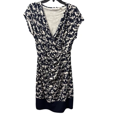 New York & Company Navy Blue White Floral Wrap Dress Sz L Dress - Image 1 of 4