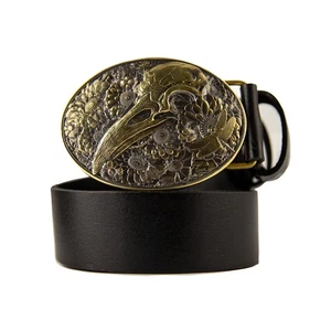 Leather belt with Raven skull brass buckle, mythology bird, Gothic Floral Crow - Picture 1 of 21