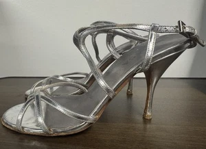 Prada Vintage Silver leather strappy Kitten Heel Stiletto Sandals Size 37.5 - Picture 1 of 7