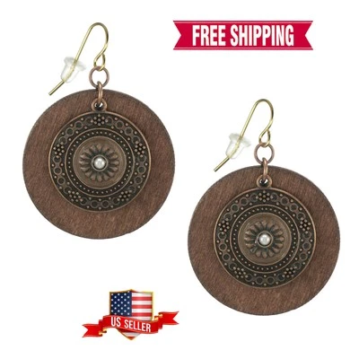 Boho Vintage Round Wood Copper Patina Medallion Earrings, 18K Gold Ear Wires - Image 1 of 4