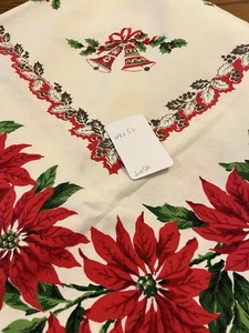 2056🌟Vintage Holiday Christmas Tablecloth Bells Holly Red Poinsettias 52” X 48” - Picture 1 of 17