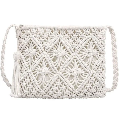 Women Ladies Boho Woven Handbag Summer Beach Cotton rope Tassel Bag Shoulder UK - Image 1 of 4