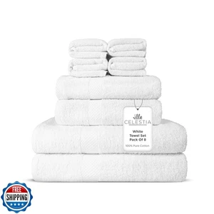 100% Combed Cotton Bathroom Towel Set of 8- 2 Bath Towels, 2 Hand Towels, 4 W - Picture 1 of 5