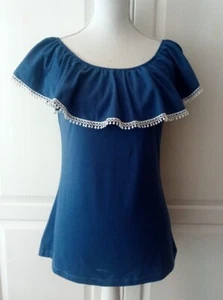 Damen Sommer Bluse 38 40 M L, Carmen T-Shirt , 92% Polyester , blau - Bild 1 von 4