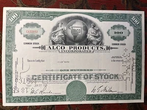 Certificado de stock de 100 acciones Alco Products Inc 1963 - Imagen 1 de 4