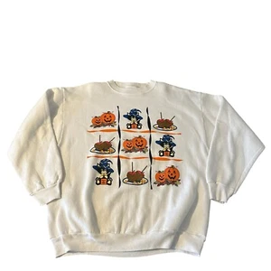 Vintage Tic Tac Toe Halloween Sweatshirt Adult Sz L Graphic Crewneck 90s White - Picture 1 of 8