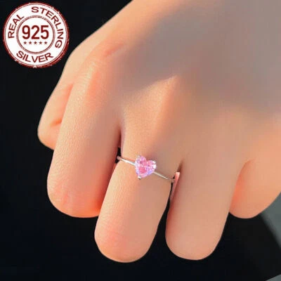 Pink Heart Cubic Zircon Ring Women Solid 925 Sterling Silver Ring Pretty Jewelry - Image 1 of 4