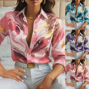 Women Lapel Print Long Sleeve Sleeve Blouse Ladies OL Work Shirt Office Tops Tee - Picture 1 of 20