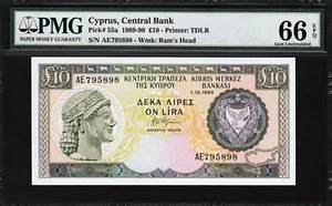 Cipro 10 libbre lira 1990, PMG 66, gemma UNC, EPQ, P-55a - Foto 1 di 2