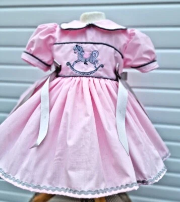 DREAM 0-8 years BABY GIRLS grey  pink rocking horse embroidered   lined dress - Image 1 of 4