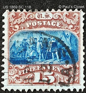 US 1869 SC 118 LANDING OF COLUMBUS 15¢ BROWN & BLUE W/ "G" GRILL UNG F/VF  - Picture 1 of 2