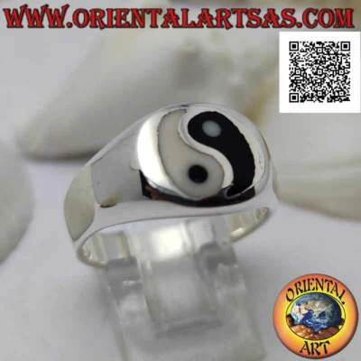Anello in Argento 925‰ liscio con yin yang di madreperla e onice nel cerchio (sp - Immagine 1 di 4