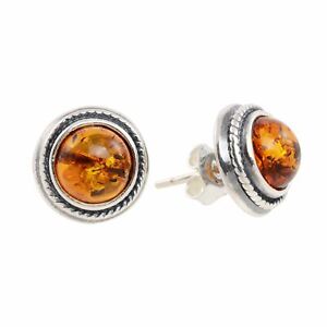 Sterling Silver and Round Baltic Honey Amber Stud Earrings