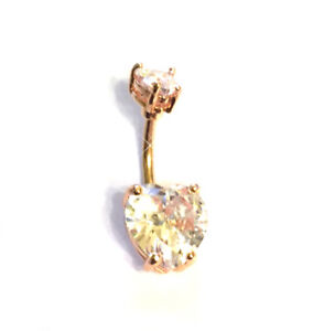 ROSE GOLD Clear CZ Crystal Heart Navel Bar Belly Button 316L Steel-UK