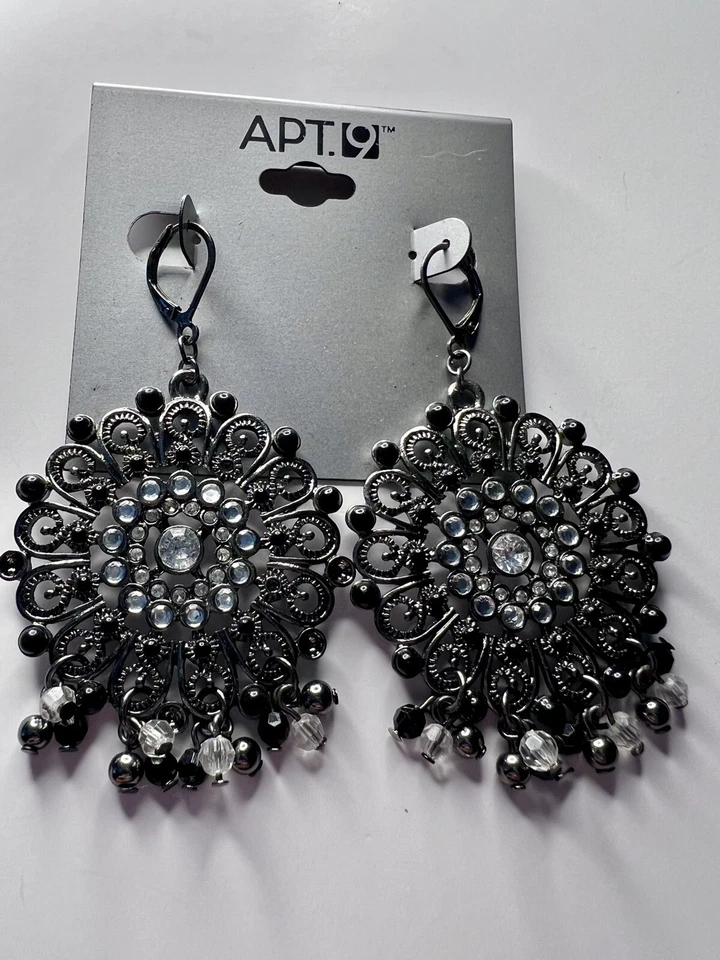 Apt 9 Earrings Silver Tone Dangle Drop Ornate Black Rhinestones NEW 18p - Image 1 of 4