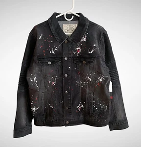 NWT Men’s Jeanius Akademiks Graphite Paint Splatter Jean Jacket, Size L - Picture 1 of 15