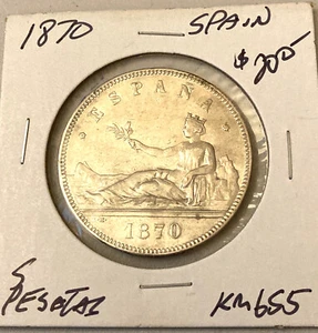 1870 SPAIN 5 PESETAS SILVER COIN - Picture 1 of 12