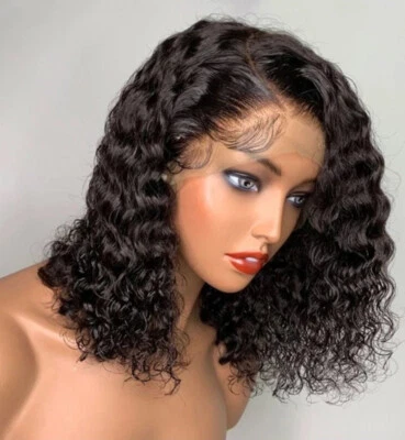 Short Curly Wave Lace Front Wig Black Remy Human Hair Wig Glueless - Image 1 of 4