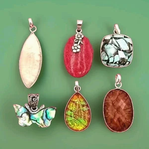 6 Sterling Silver Pendants Copper Turquoise, Abalone, Dragon Vein Agate, etc. - Picture 1 of 23