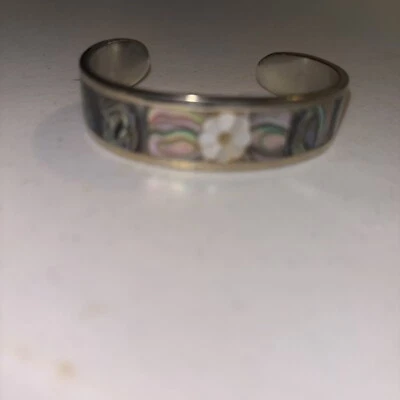 Vintage Mexican Alpaca Silver Abalone Inlay Cuff Bracelet Stamped Flower - Image 1 of 4