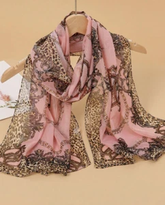 Pink Animal Print Oblong Scarf Chiffon Brown Beige Pattern Buy One Get One Free - Picture 1 of 10