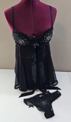 Victoria’s Secret Black Mesh Rhinestone Lingerie 34C & Matching Panty S/M Lot  - Image 1 of 4