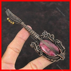 Womens day Sale Natural Rhodonite Guitar And Wire Wrapped Pendant Jewelry Copper - Picture 1 of 6