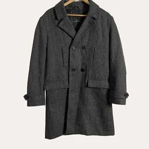 Marc Anthony Charcoal Plaid Wool Blend Double Breasted Long Coat Size Small - Picture 1 of 8