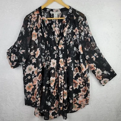 Blusa Caprichosa Bohemia Talla 2X Botón Manga Tap Negra Transparente Floral Top Foto 1 de 4