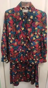 CHAUS Petite Vintage 80s Women’s 6 Skirt & Button Blouse Set Outfit Red Blue - Bild 1 von 10